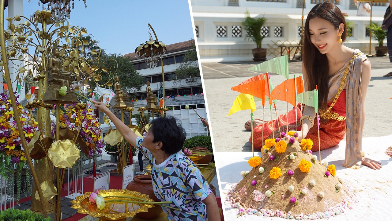 พุทธศาสนิกชนสรงน้ำพระด้วยดอกบัว ก่อเจดีย์ทรายวัดปทุมวนาราม