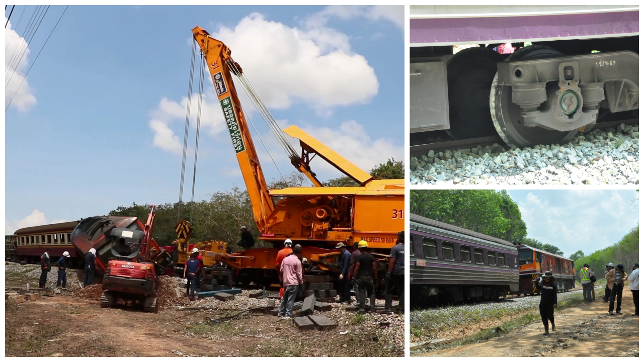 เร่งกู้เปิดทาง รถไฟสายใต้ ตกราง 2 ขบวนซ้อน ที่ตรัง-สงขลา 