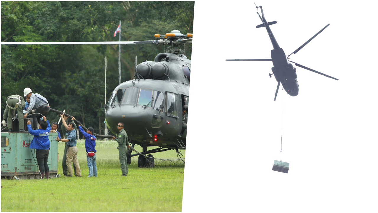 ทหาร นำ ฮ. MI-17 บรรทุกอุปกรณ์ไปเจาะโพรงถ้ำเหนือพัทยาบีช ตลอดทั้งวัน 