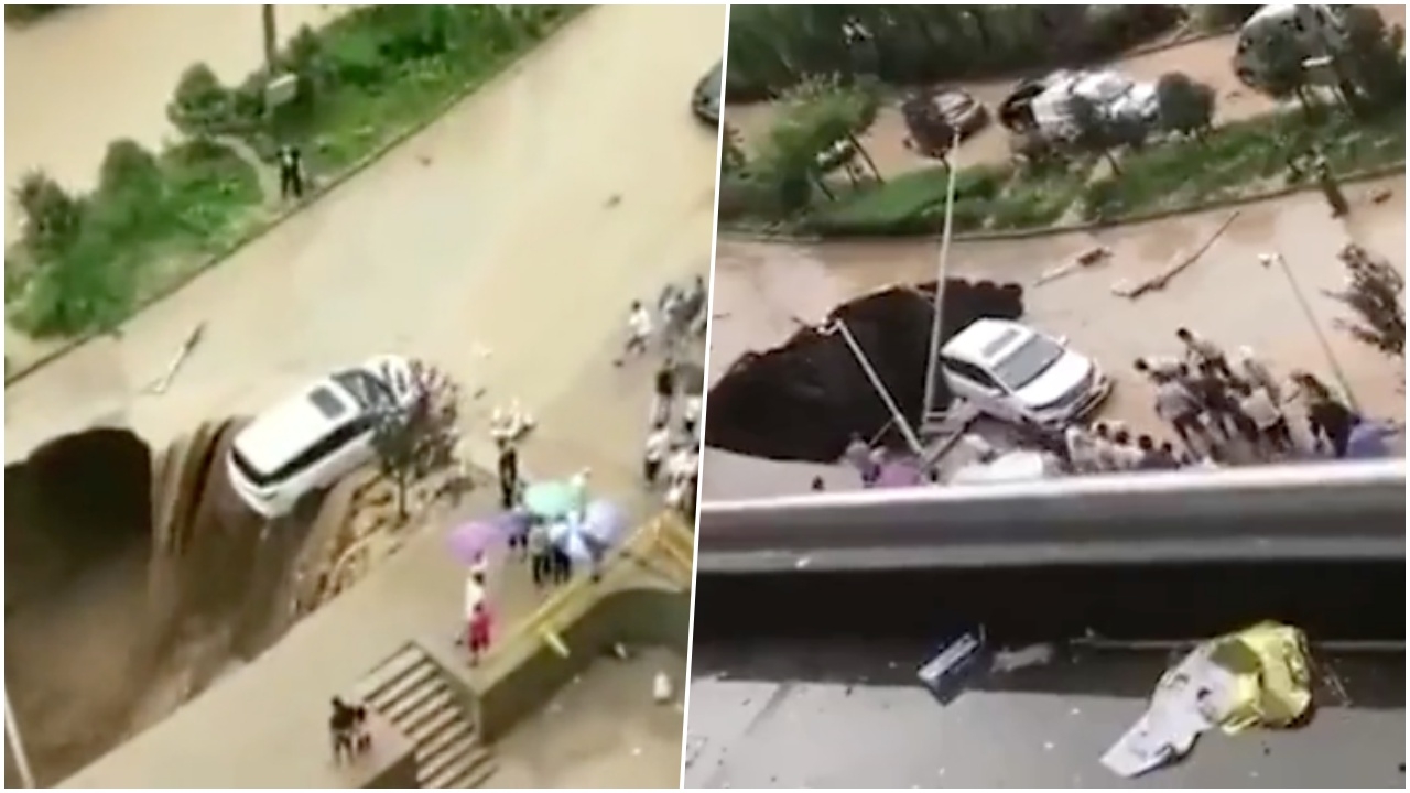 สามัคคีคือพลัง! ชาวบ้านร่วมแรงดึงรถ SUV เกือบตกหลุมยุบกลางถนน (คลิป)