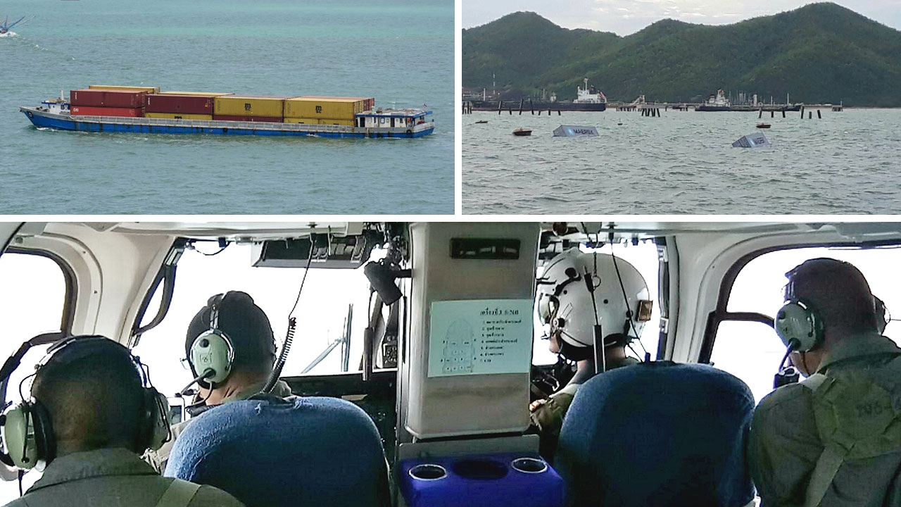ทัพเรือส่ง ฮ.บินตามหา ตู้คอนเทนเนอร์ในทะเล เจ้าท่าแหลมฉบังเร่งเก็บกู้