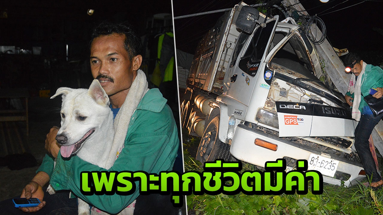 พ่วงชนเสาไฟฟ้าพังยับ คนขับสุดชิล ตามหาหมาสุดรัก นั่งมาเป็นเพื่อน