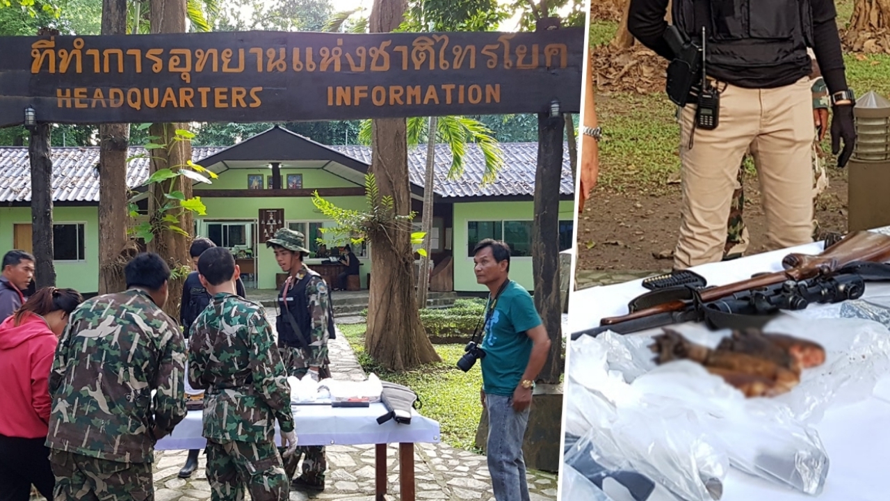 จับคณะปลัด-อส. แอบล่าสัตว์ในอุทยานไทรโยค พบปืนไรเฟิล-ซากหมีขอ