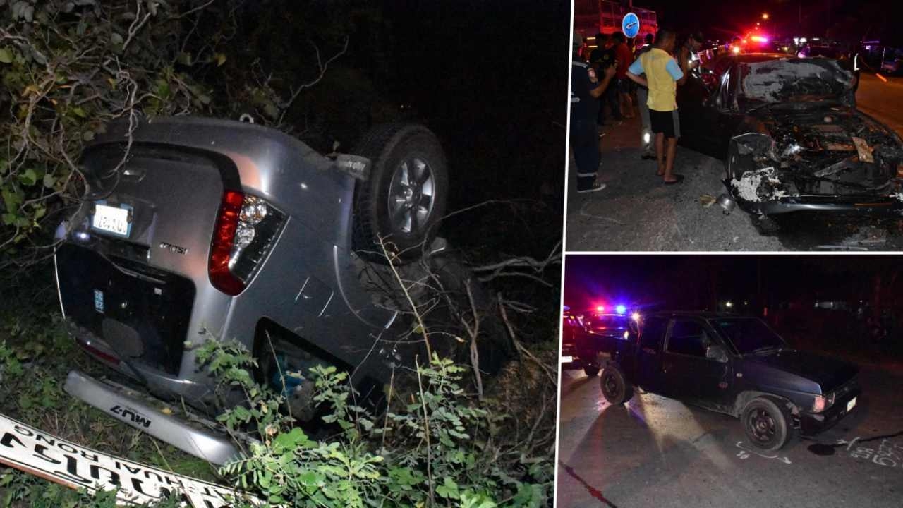เก๋งชนท้ายปิกอัพขวางทาง มิวเซเว่นหักหลบตกถนน บาดเจ็บ 7 คน 