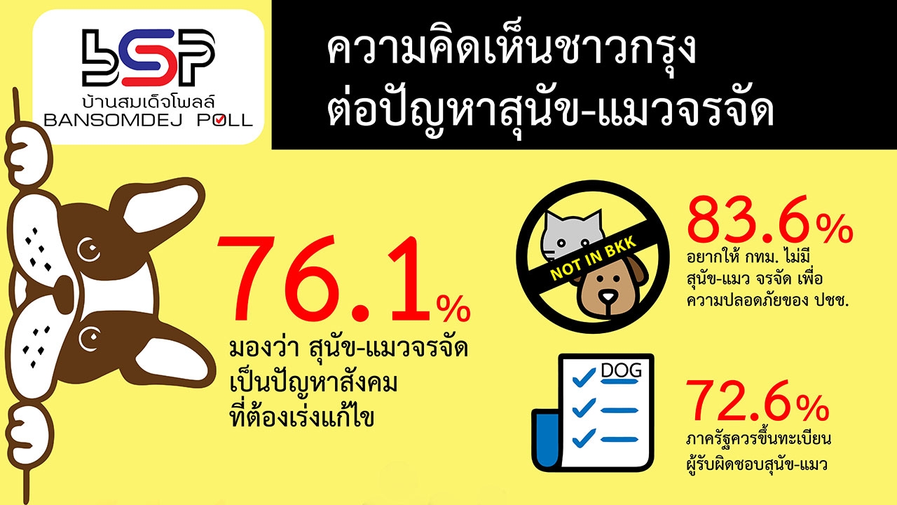 ผลสำรวจ คนกทม. 76.1% สุนัข-แมวจรจัด เป็นปัญหาสังคมที่ต้องเร่งแก้ไข