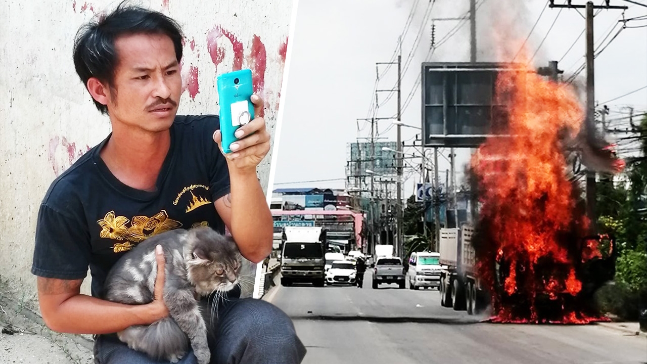 เพลิงเผารถพ่วงขนทราย โชเฟอร์อุ้มเหมียว วิ่งหนีไฟ ปลอดภัยทั้งคนและแมว