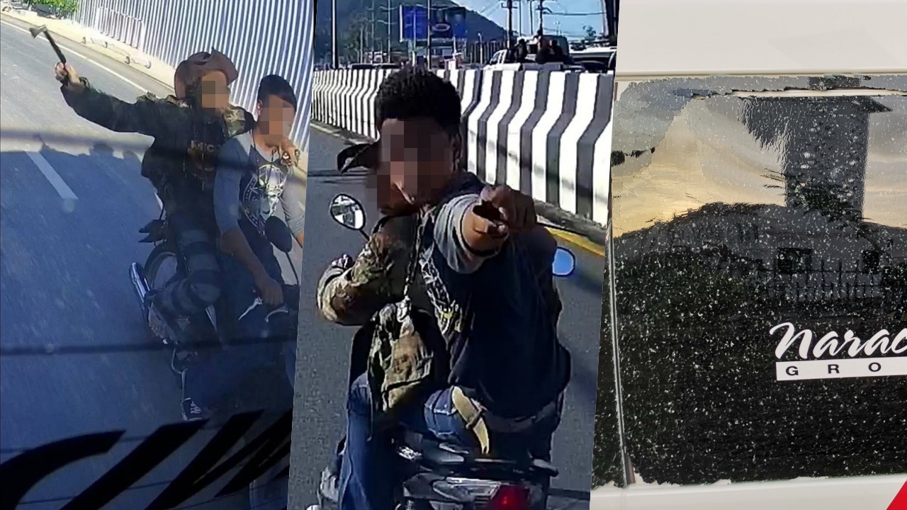 สุดเถื่อน 2 โจ๋ไม่พอใจรถตู้บีบแตรเตือน ขว้างของใส่กระจกจ่อทำร้ายคนขับ (คลิป)