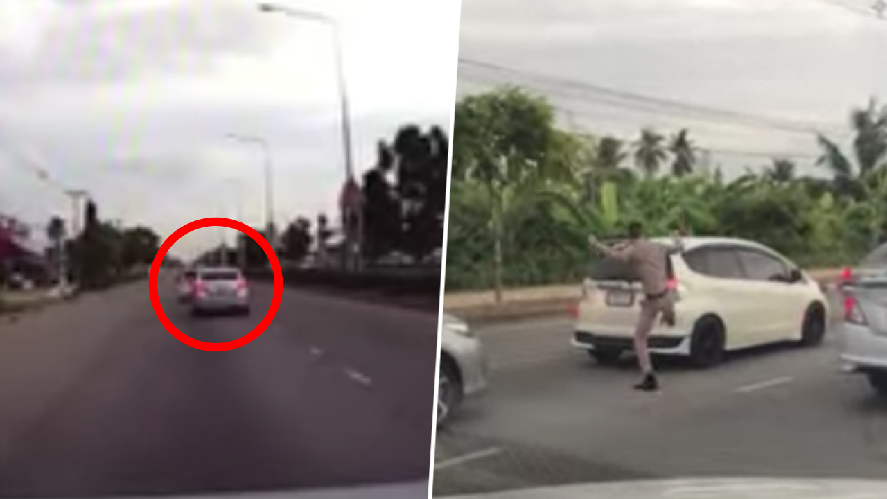 เปิดคลิปอีกมุม วินาทีหนุ่มชุดกากี ขับจี้ตูดแจ๊ซ ก่อนฟิวส์ขาดลงไปเตะรถ