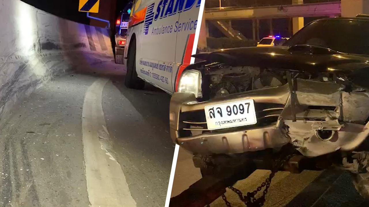 รถพุ่งชนขอบสะพานยูเทิร์น คนขับไม่คาดเข็มขัด พุ่งทะลุกระจกคอหักคาที่