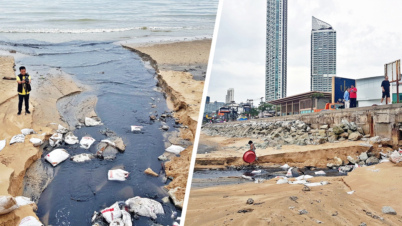 น้ำเน่ายังไม่บรรเทา ฝนตกหนักทะลักจากท่อ ไหลลง"หาดจอมเทียน"