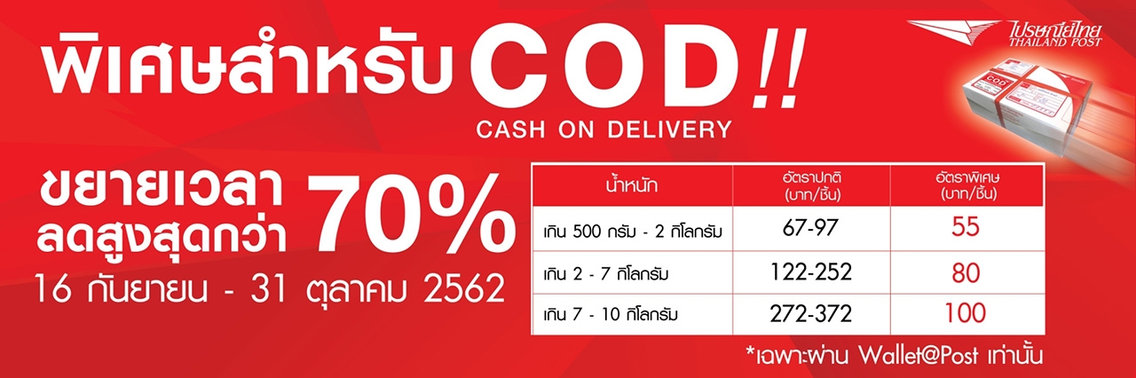 ไปรษณีย์ไทยจัดหนักอย่างต่อเนื่อง พิเศษสำหรับลูกค้า Cod  ขยายเวลาลดค่าส่งสูงสุดกว่า 70%