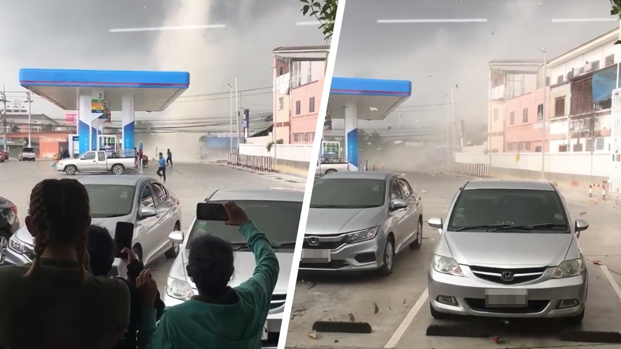 นาทีระทึก เปิดคลิป "พายุหมุน" ในปั๊มน้ำมันสมุทรปราการ ชาวบ้านหนีกระเจิง