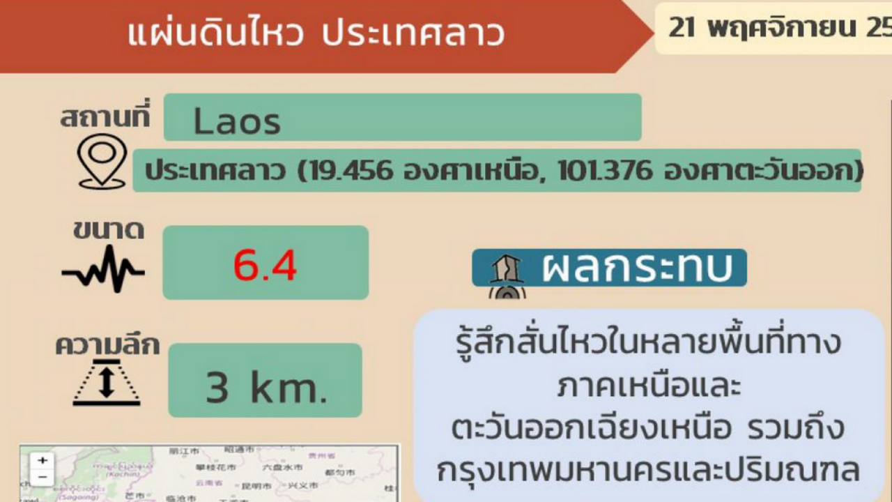 ยืนยันแผ่นดินไหวแรงในลาวไม่ได้เกิดในไทย แต่สะเทือนถึงไทย 