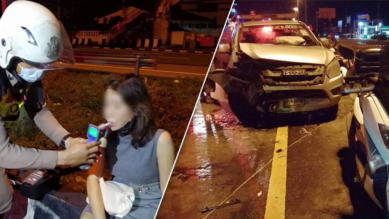 ป้าซิ่งเก๋ง ชนเละด่านเคอร์ฟิว สภ.คลองหลวง ตำรวจเจ็บ 2 นาย ดื้อไม่เป่า