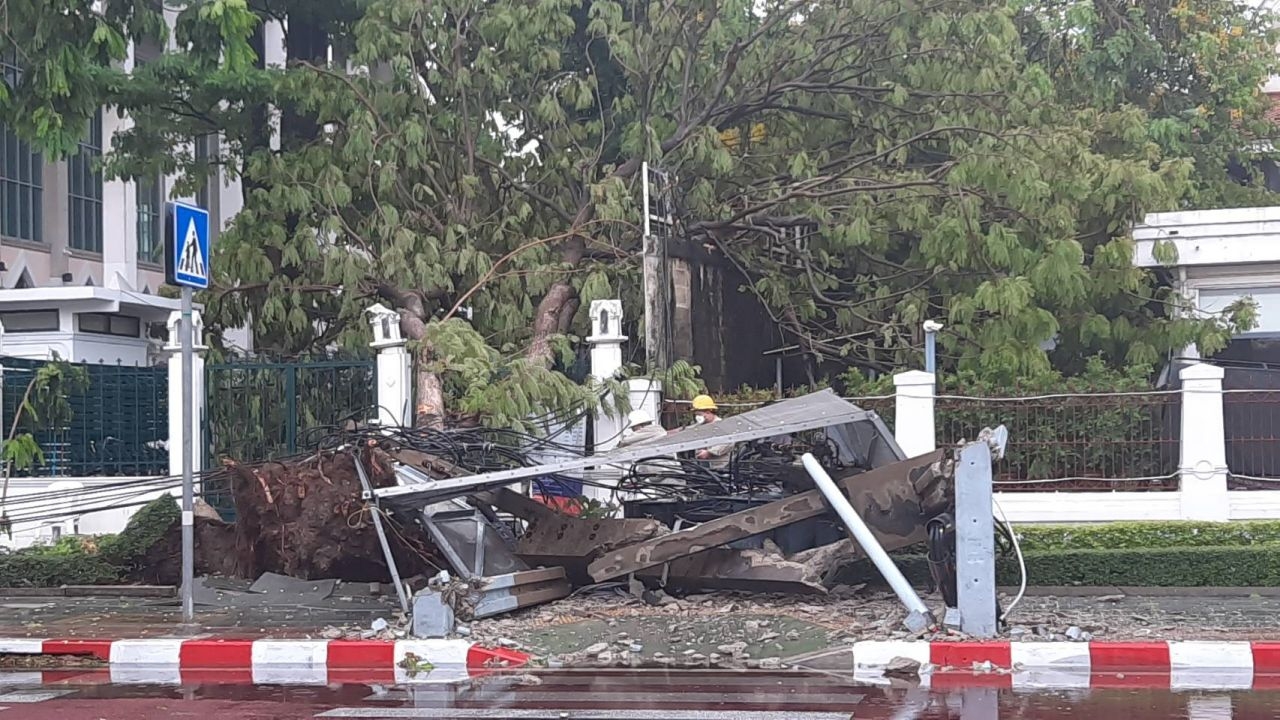 พายุถล่มทำต้นไม้ล้มดังเสาไฟและหม้อแปลงร่วงทับ จยย.หน้า มธ.ท่าพระจันทร์