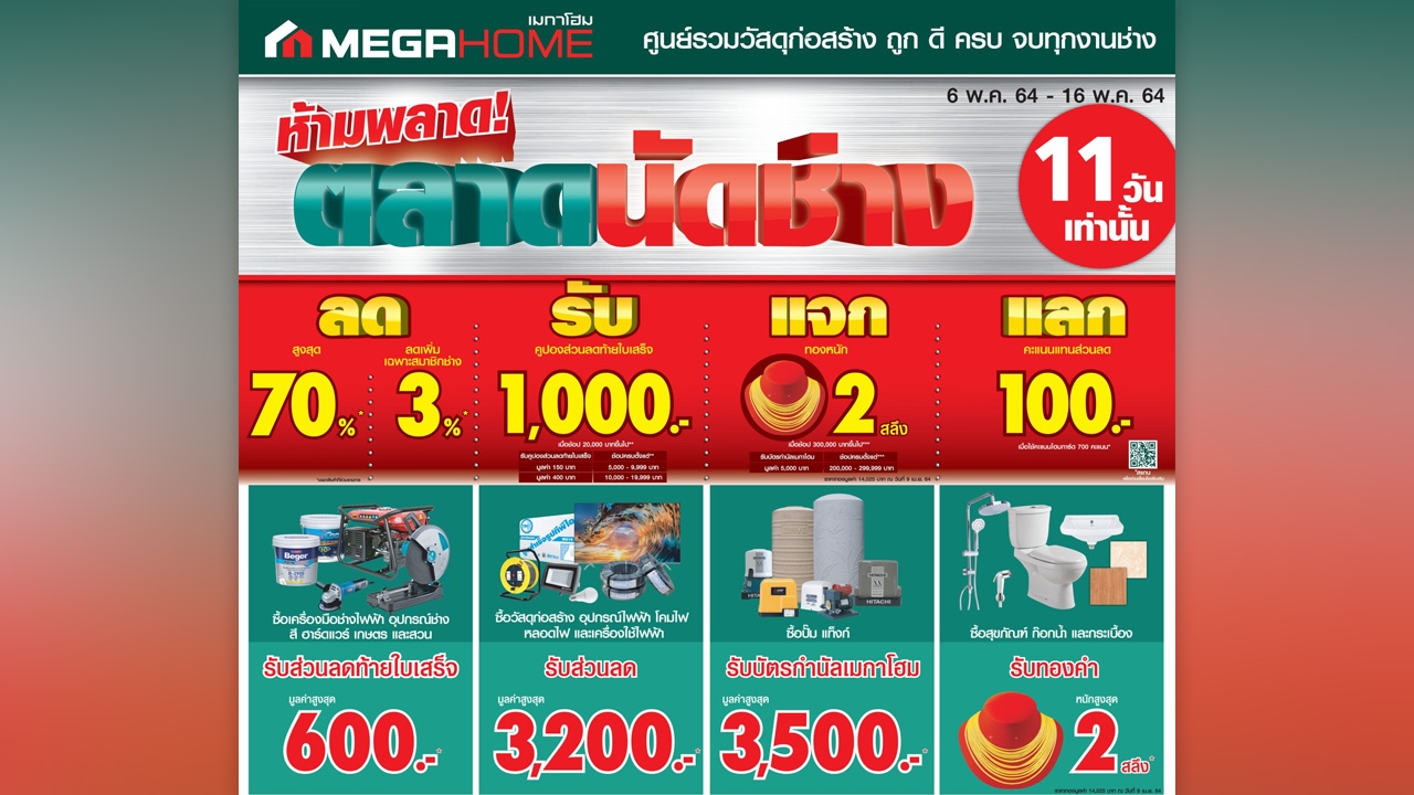 เมกาโฮม จัดโปรยิ่งใหญ่เพื่อคนทำบ้าน กับงาน "ตลาดนัดช่าง" ลดสูงสุด 70% วันที่ 6-16 พ.ค.นี้