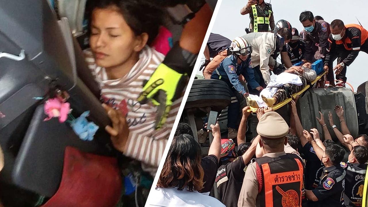 โชเฟอร์สาว ขับรถพ่วง 22 ล้อ แหกโค้งคว่ำหน้าศาลปู่โทน ดวงแข็งรอด