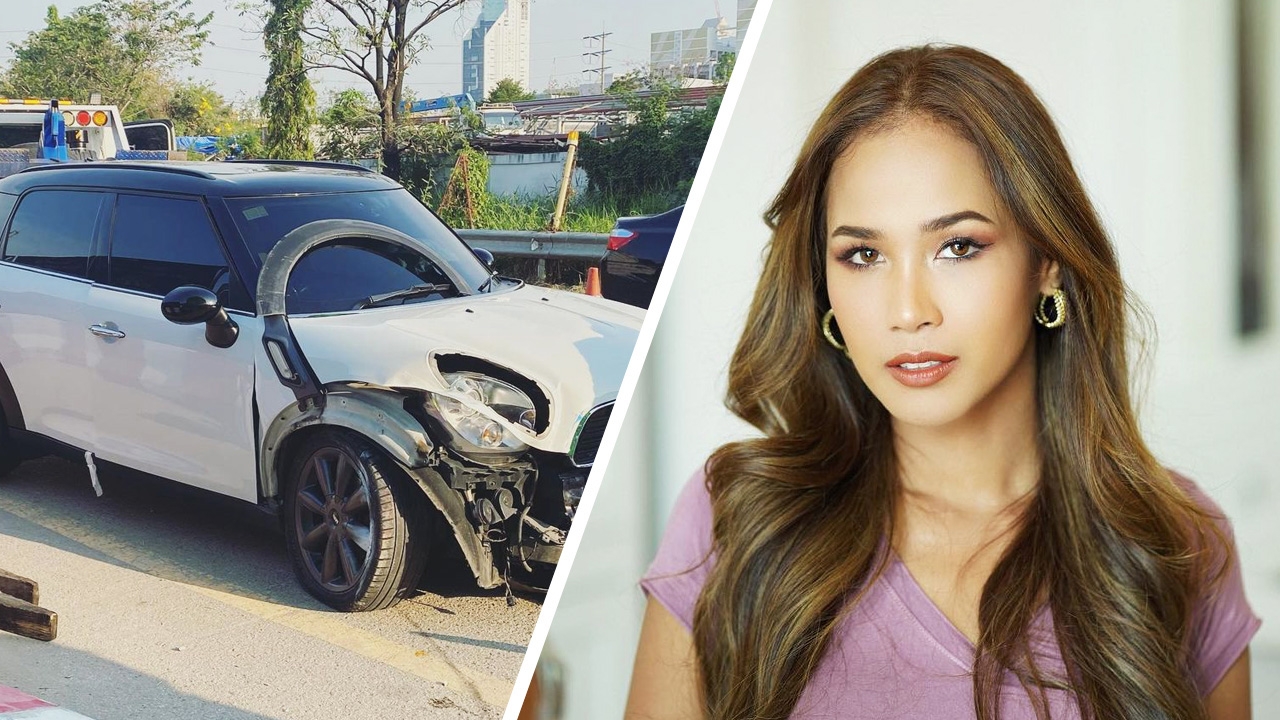 เมญ่า รถหรูชนแบริเออร์ โชคดีแขวนองค์พ่อจึงปลอดภัยไม่เจ็บทั้งแม่และลูก