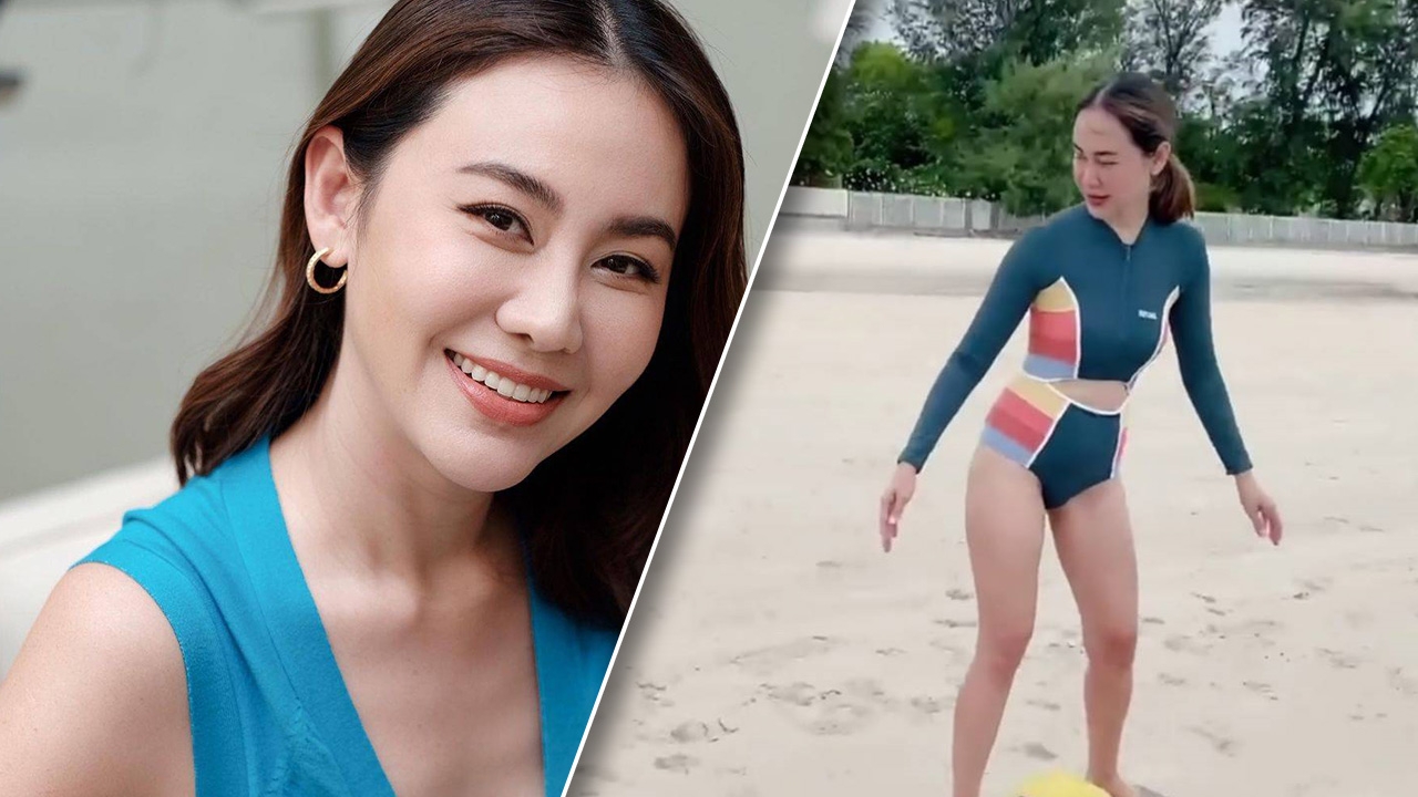 นาเดีย อวดหุ่นคุณแม่ลูกสอง โชว์ลีลาทรงตัวบนเครื่องเล่นริมหาด (คลิป)