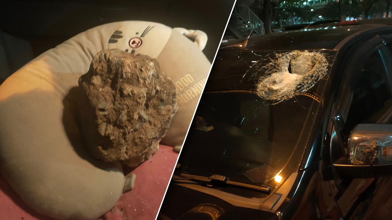 เปิดคลิปนาทีผวา มือปริศนาขว้างหินใส่กระจกรถแตกทะลุ ระหว่างทางลงสะพานตากสิน