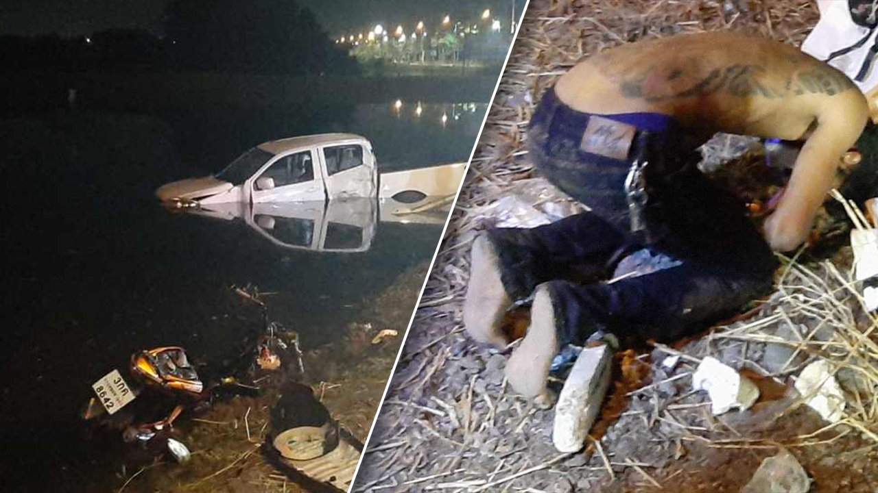 หนุ่มทะเลาะแฟนดวดเบียร์ซิ่งกระบะ ชนจยย.กระเด็นตกน้ำ คนขี่ดับ