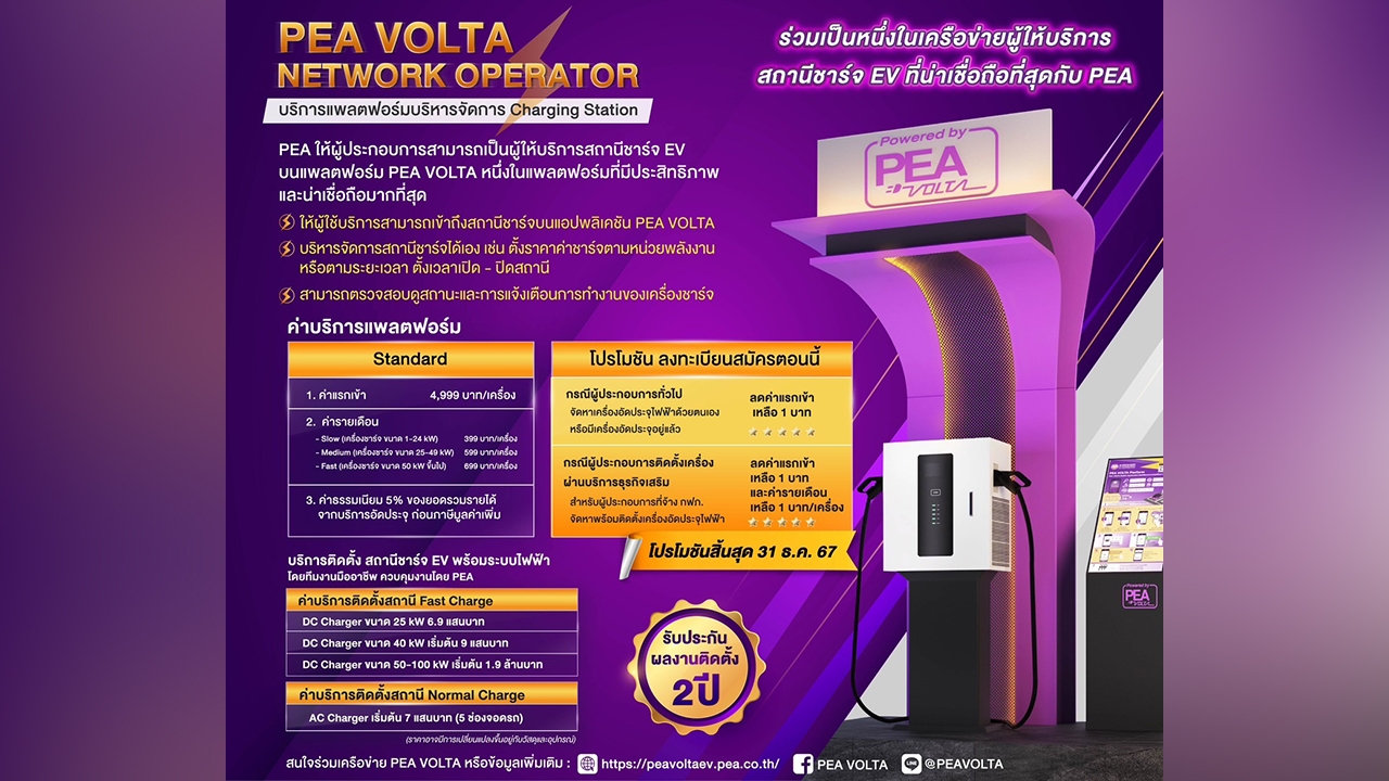 ร่วมเป็นหนึ่งในเครือข่ายผู้ให้บริการสถานีชาร์จ EV กับ PEA VOLTA NETWORK OPERATOR