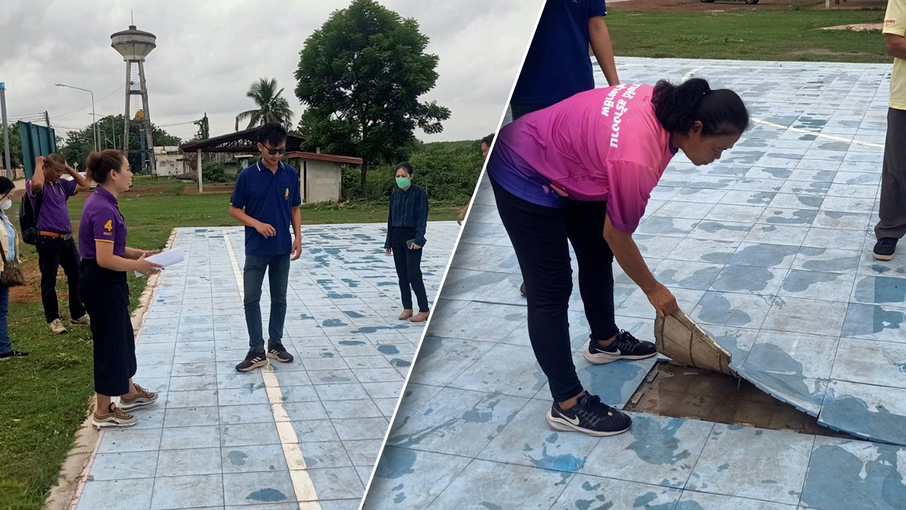 ป.ป.ช.สกลนคร ลุยตรวจสนามฟุตซอล งบ 3.4 ล้าน สร้างเสร็จไม่ถึงปี พังแล้ว