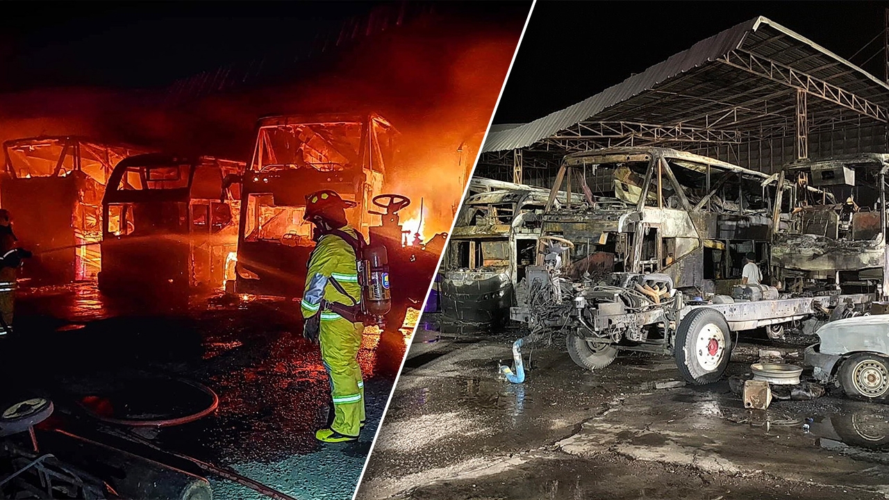 ไฟปริศนา เผารถบัส "ทองดีการท่องเที่ยว" วอด 8 คัน เจ้าของอู่-คนงาน หลับไม่รู้เรื่อง