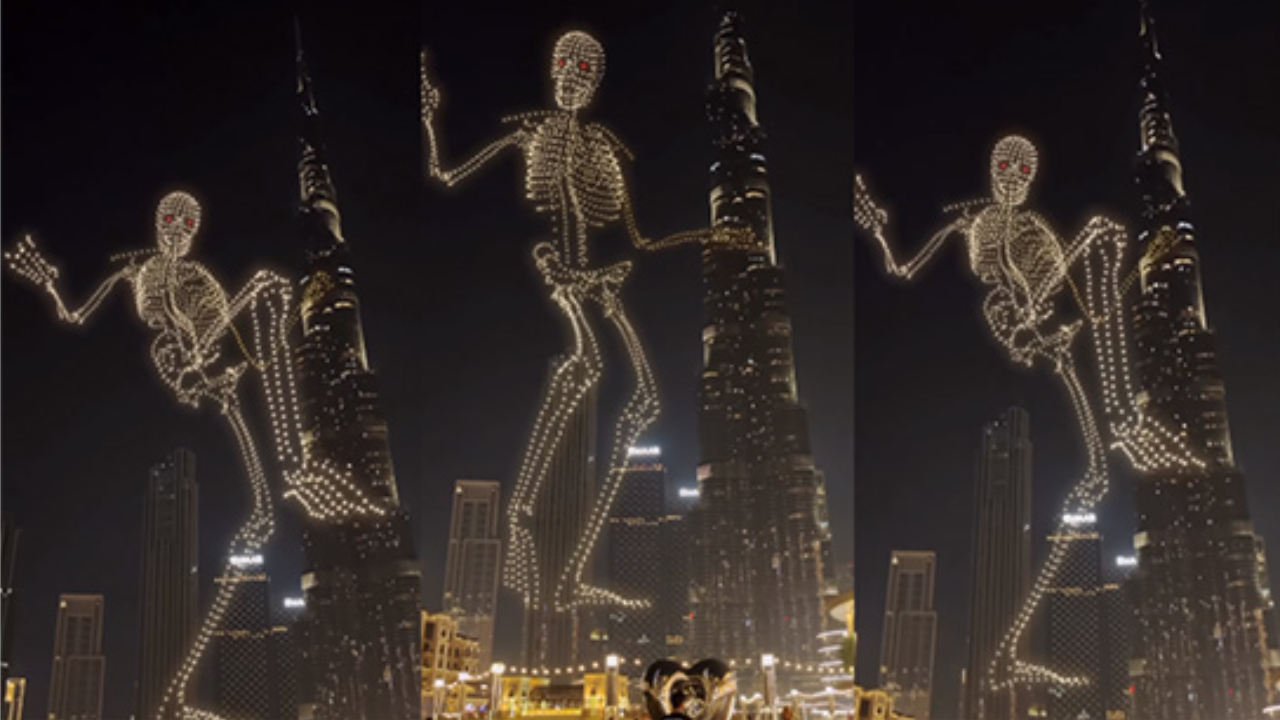 สุดหลอน ดูไบจัดแสดงโดรนแสงสีรูปโครงกระดูกเดินได้ ฉลองฮาโลวีน (คลิป)