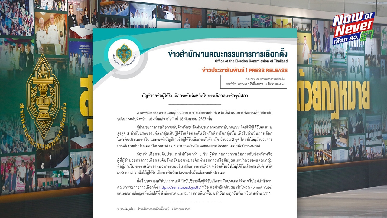 กกต.ประกาศ ผู้สมัคร สว.67 เข้าสู่รอบเลือก สว.ระดับประเทศ 26 มิ.ย.นี้