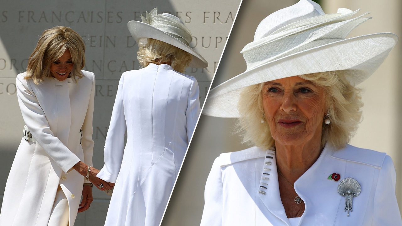 ควีนคามิลลาอึดอัด ภริยา ปธน.ฝรั่งเศส เอื้อมมือมาจับพระหัตถ์ ในพิธีวันดีเดย์ (คลิป)