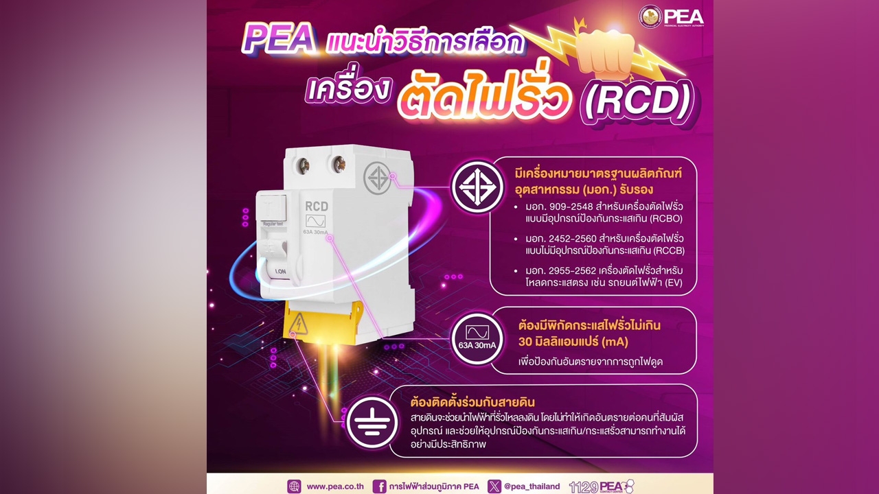 PEA แนะนำวิธีการเลือกเครื่องตัดไฟรั่ว (RCD)