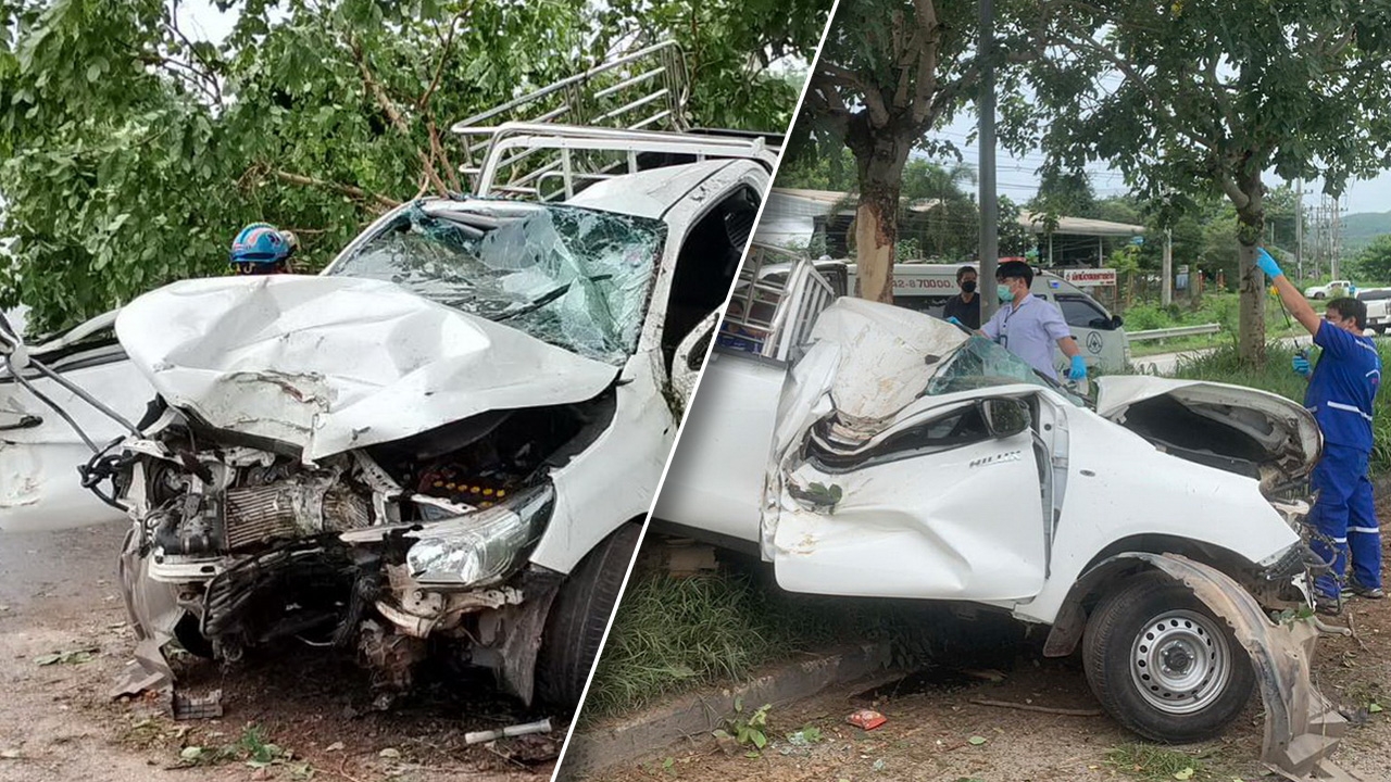 เพิ่งซื้อรถมือสอง ขับออกจากเต็นท์ไม่ถึง 5 นาที กระบะคอกพุ่งชนต้นไม้ตาย 1