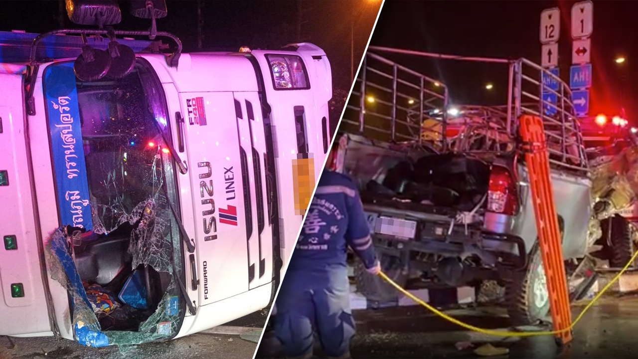 โชเฟอร์รถบรรทุก เจอข้อหาประมาท หลับในชนกระบะคอกขนต่างด้าว ดับ 5 สาหัส 12