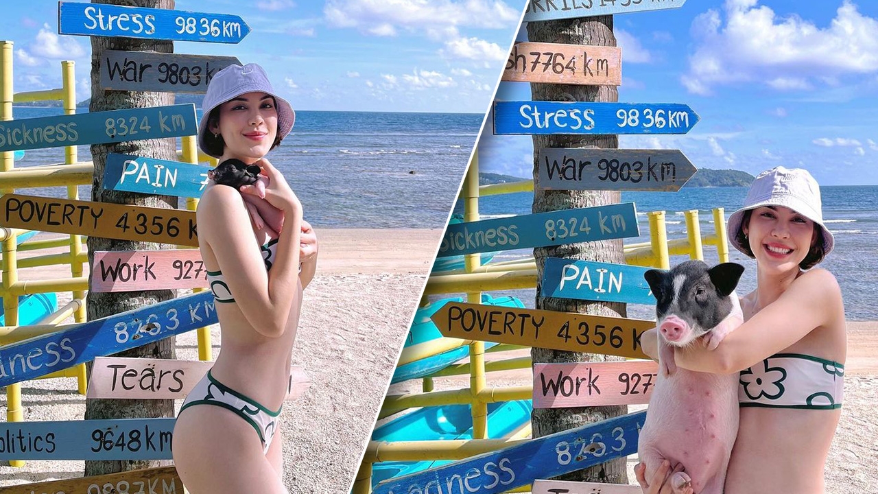 แมท ภีรนีย์ ไฟลุกไอจีอีกแล้ว ใส่บิกินีอุ้มลูกหมูอวดหุ่นแซ่บมาก