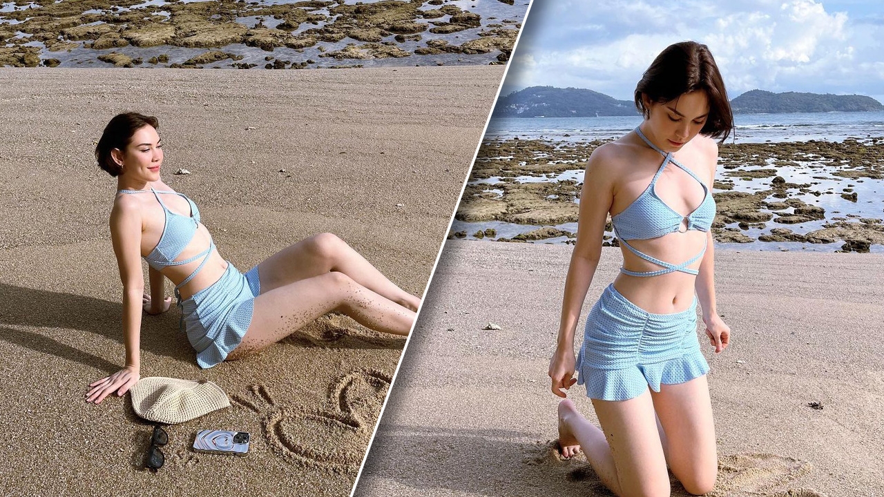 แมท ภีรนีย์ แซ่บได้อีก ใส่ชุดว่ายน้ำทูพีซสีฟ้าสดใส โพสท่าสวยๆ ริมทะเล