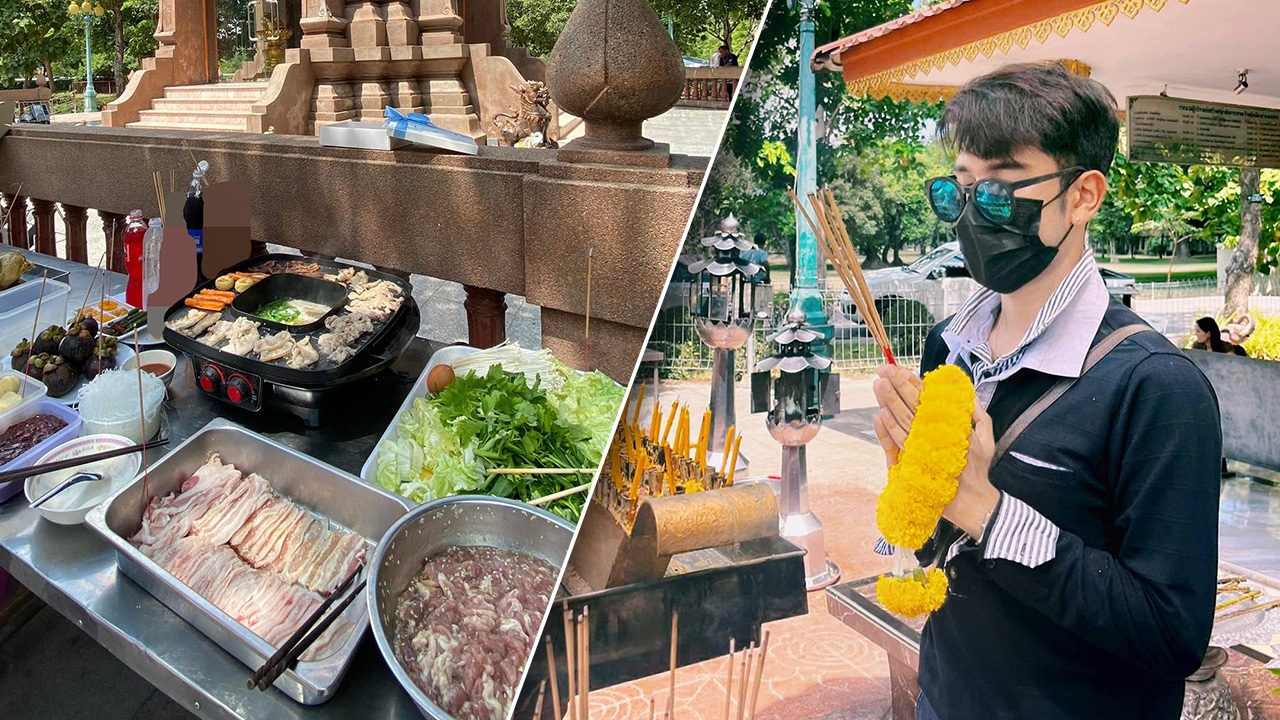 ครูหนุ่มแก้บนมิติใหม่ ถวาย "หมูกระทะ" พร้อมบริการดี ยืนย่างให้ฟรีจนธูปหมด