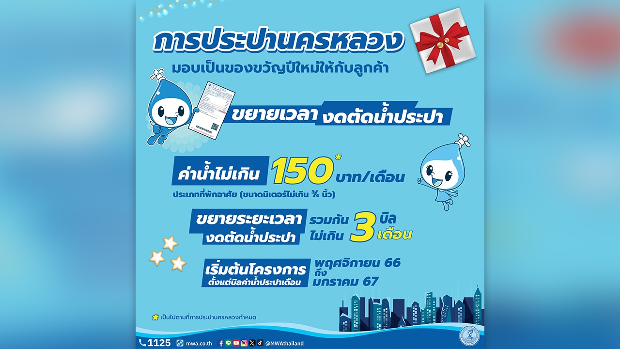 กปน. มอบของขวัญปีใหม่ 2567 ขยายเวลางดตัดน้ำประปา 3 เดือน