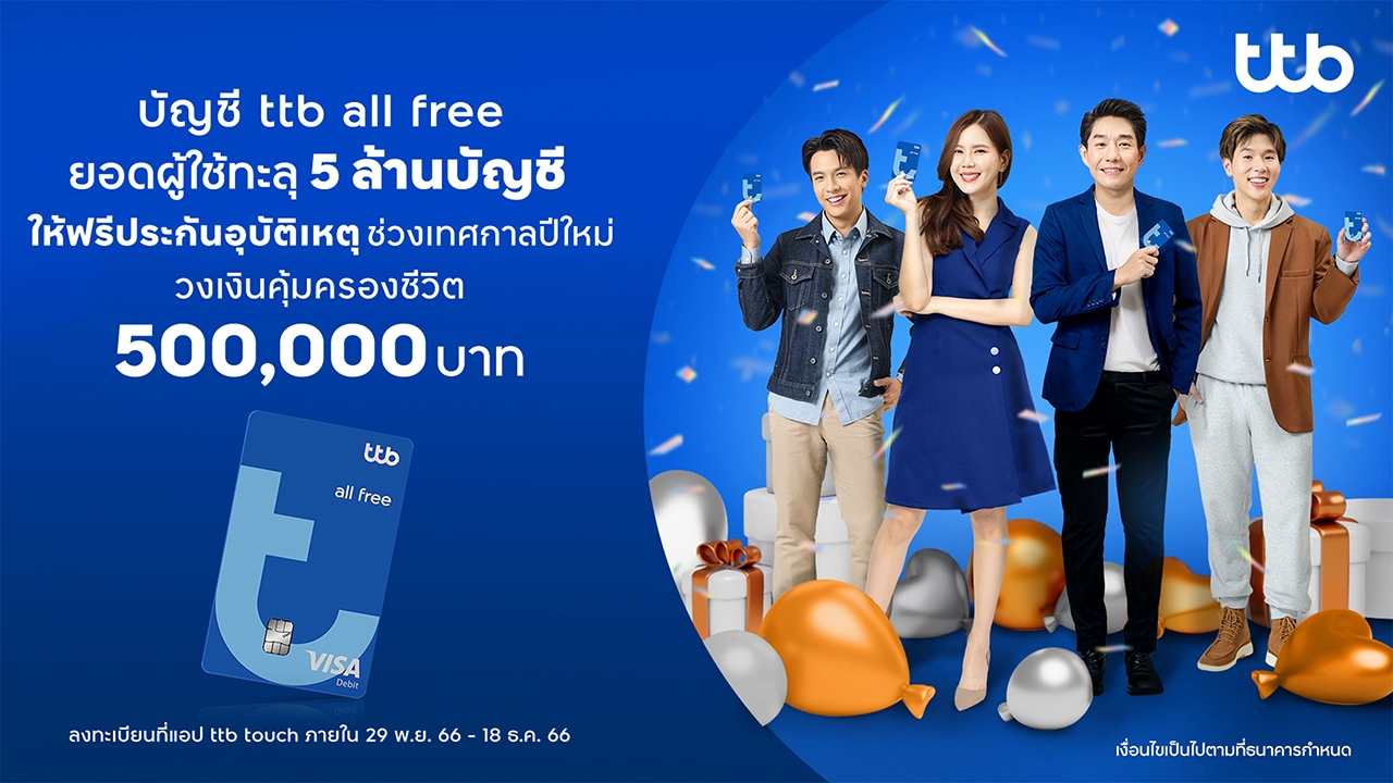 บัญชี ttb all free ยอดผู้ใช้ทะลุ 5 ล้านบัญชี ให้ฟรีประกันอุบัติเหตุวงเงิน 5 แสนบาทช่วงเทศกาลปีใหม่