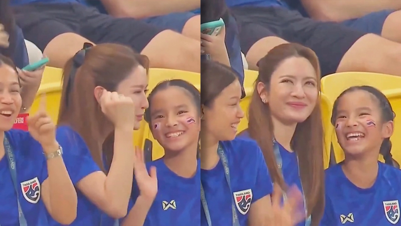 สีสัน แม่แอฟ ควง น้องปีใหม่ เกาะขอบสนามเชียร์บอลไทยสู้ศึกเกาหลีใต้ 