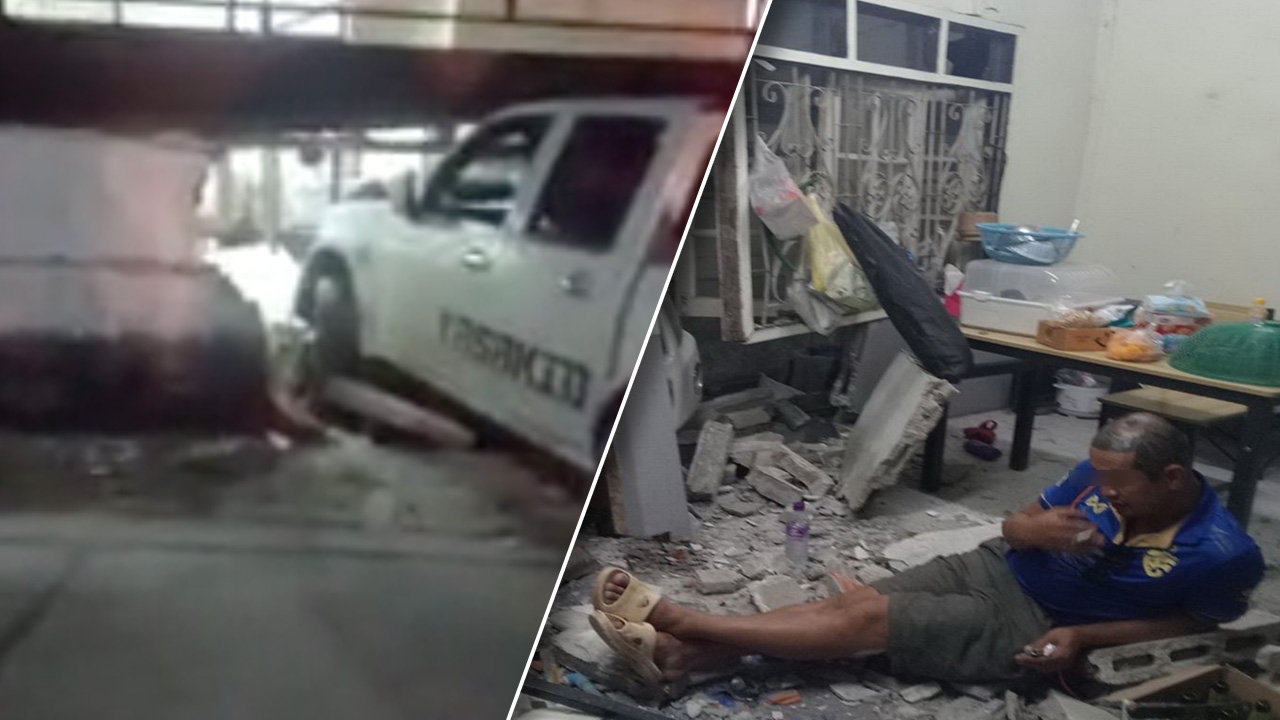 สงกรานต์เลย หนุ่มเมาหนัก ซิ่งกระบะพุ่งชนทะลุบ้าน ลงจากรถ-นั่งกลางบ้าน