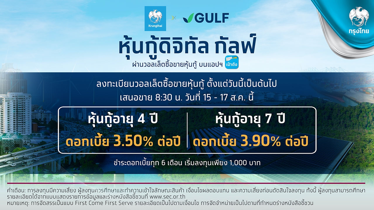 GULF เคาะอัตราดอกเบี้ยหุ้นกู้ อายุ 4 ปี 3.50% ต่อปี และอายุ 7 ปี 3.90% ต่อปี เสนอขาย 15-17 ส.ค.นี้