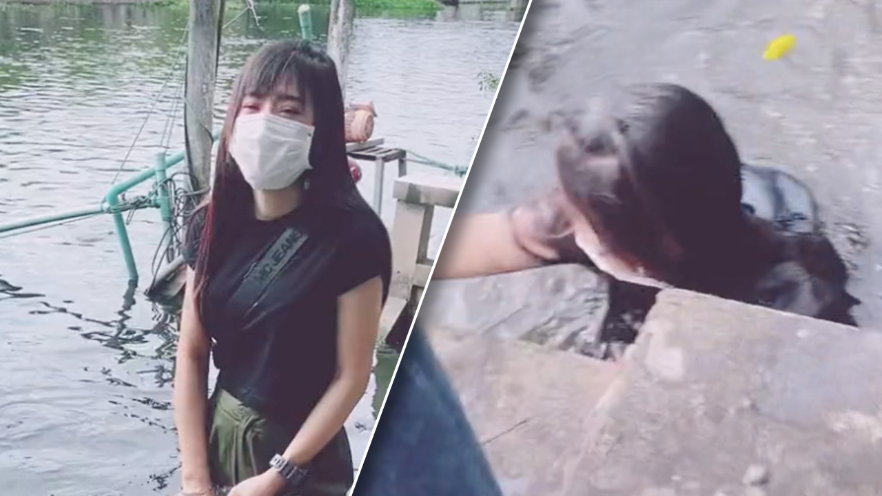 ตกจริงไม่อิงคอนเทนต์ สาวเดินถอยหลัง ให้อาหารปลา แต่ดันพลาดตกน้ำ
