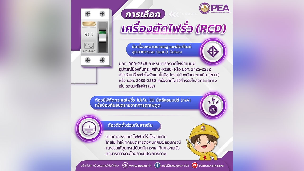 PEA แนะนำติดตั้งเครื่องตัดไฟรั่ว (RCD) เพื่อป้องกันอันตรายที่อาจเกิดขึ้นจากเครื่องใช้ไฟฟ้า