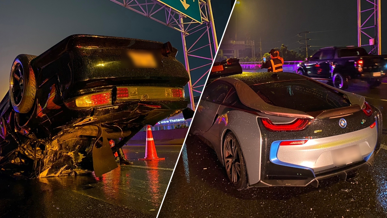 รถหรู BMW i8 เสยท้ายบนทางด่วนฉลองรัช ตำรวจจ่อตรวจวัดปริมาณแอลกอฮอล์