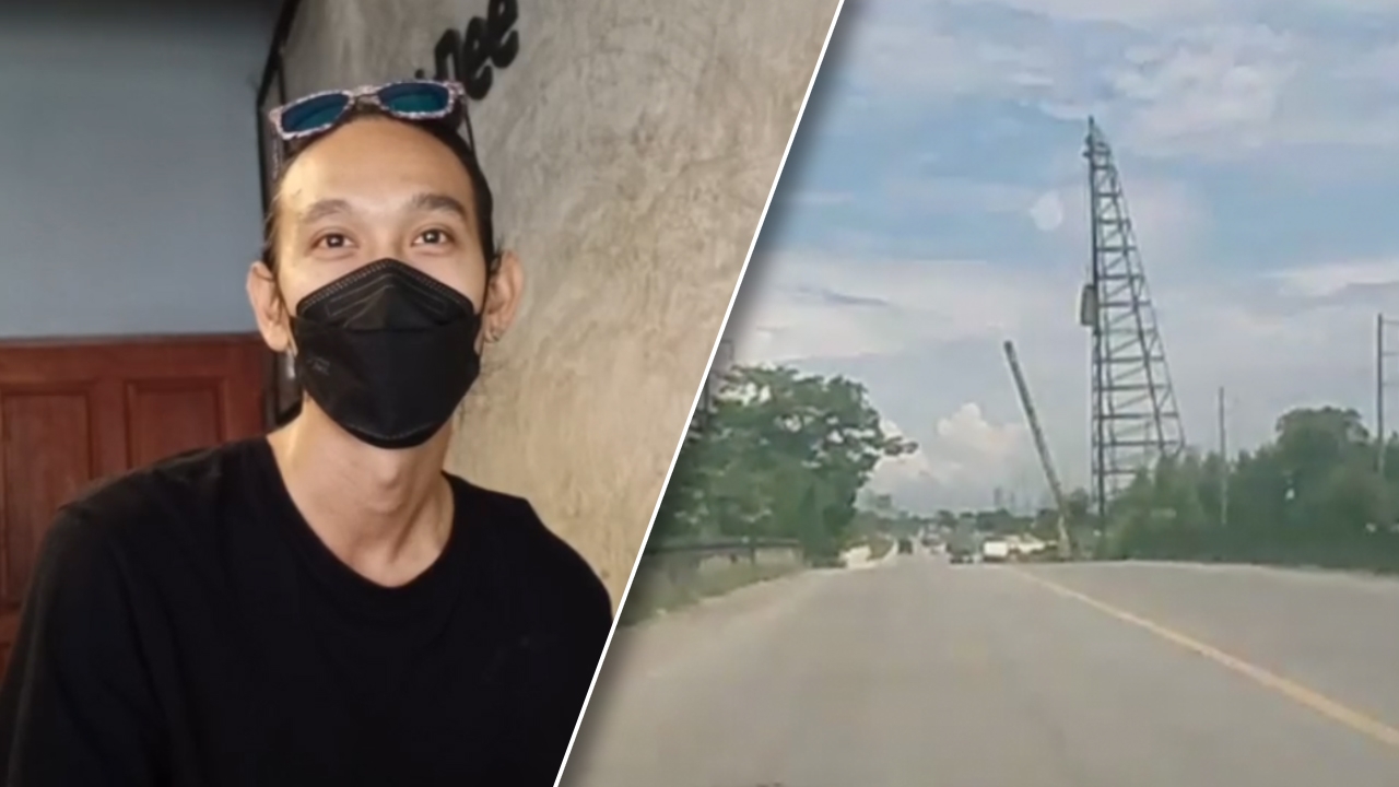 หนุ่มเล่านาทีระทึก เสาเข็มล้มกลางถนน ต่อหน้าต่อตา รถคันหน้าหักหลบทัน