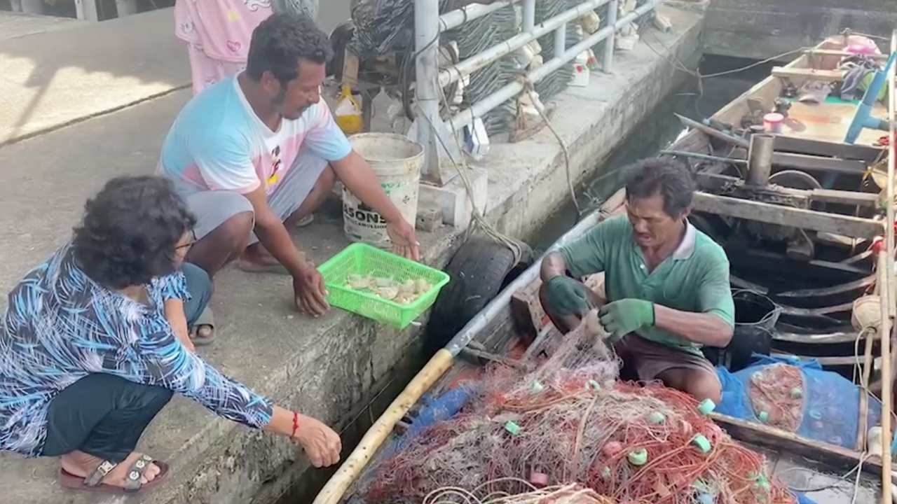 ทะเลตราดสงบเงียบ ชาวบ้านออกวางอวนจับกุ้งและกั้งทะเลขายที่ตลาดรายได้งาม