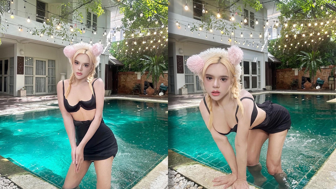 เอ ศุภชัย ใส่ชุดแหวกอกสีดำสุดเซ็กซี่ สาดความแซ่บริมสระว่ายน้ำ