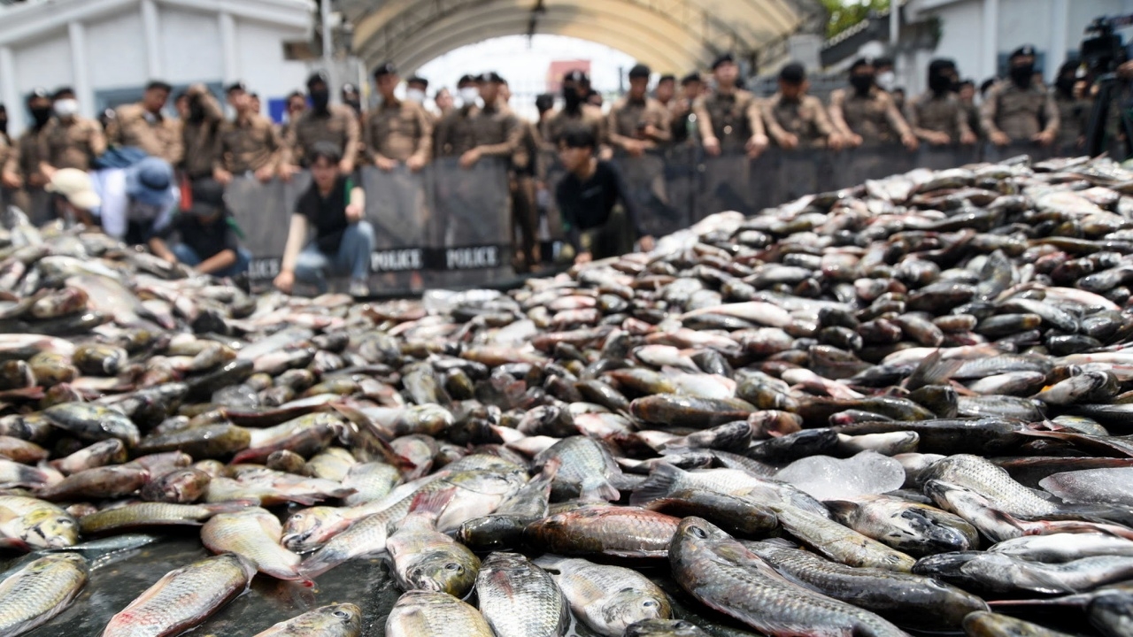 ผู้ชุมนุมบุกทำเนียบ เท "ปลาหมอคางดำ" 2 ตัน จี้รัฐบาลแก้ปัญหาเร่งด่วน