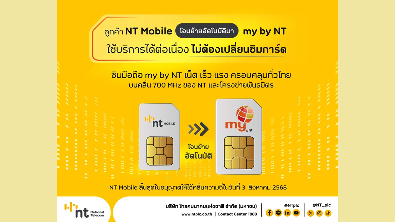 NT พร้อมโอนย้ายผู้ใช้บริการ NT Mobile สู่โครงข่าย my by NT โดยอัตโนมัติ